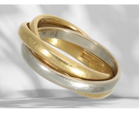 Ring: vintage Ring im Cartier-Stil, 900er Gold: Ca. Ø18mm, RG56, ca. 11,7g, 21,6K Gold, 3 ineinander verschlungene Ringe aus 