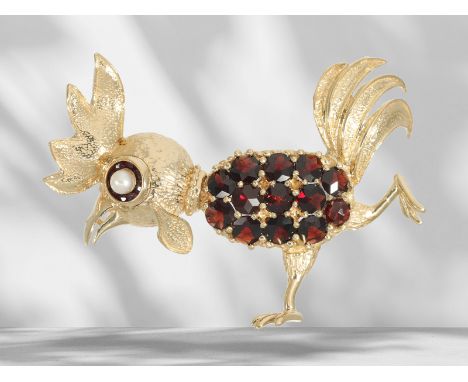 Brosche/Nadel: kreative vintage Goldschmiedearbeit mit Granat/Perlbesatz, Motiv "laufender Hahn": Ca. 43mm hoch, ca. 10,6g, 1