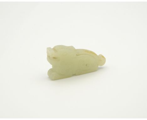 Length: 5cmCondition ReportThe jade of celadon tone, with a pale russet inclusion along its backbone. Well carved with a soft