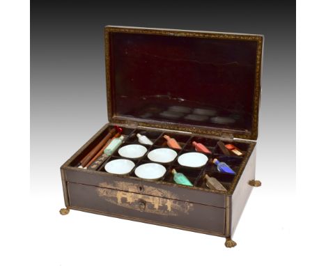 The hinged lid decorated with Chinese landscape scenes, with a fitted interior, containing vials of original Chinese pigments