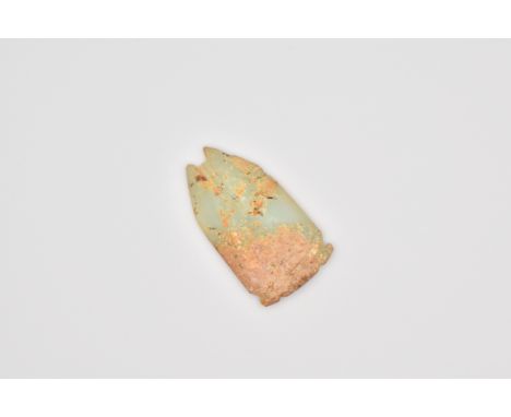 Simulating celadon jade, with traces of encrustation, 5cm; together with a whitish jade sword fitting, carved with a chilong,