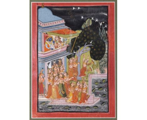 KRISHNA AND RADHA OBSERVING GOPIS CELEBRATING IN THE RAINBUNDI, RAJASTHAN, NORTH WEST INDIA, CIRCA 1800With opaque pigments h