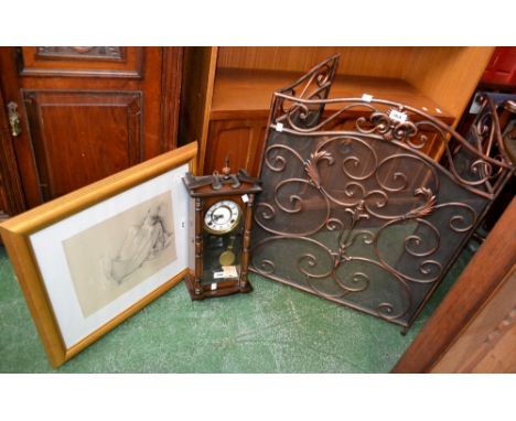 A Vienna style wall clock, mechanical movement; an ornate triple fold fire screen; a framed and glazed picture of a female nu