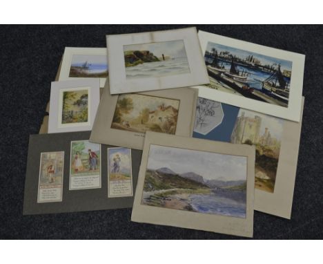 An interesting folio of watercolours, 19th century and later, various subjects, topography, coastal views, book illustrations