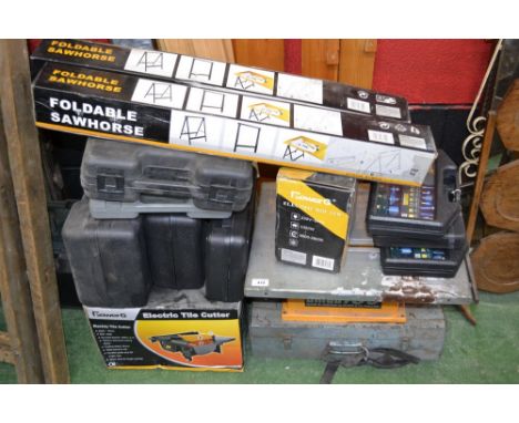 Tools - an electric tile cutter; an electric router; a rotary tool cutter; an air chisel; a biscuit jointer; a palm sander; a