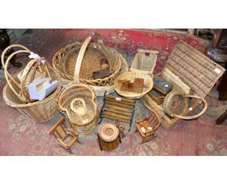 Wicker and wooden items -  baskets, boxes,  large log baskets, a picnic hamper, miniature coffer etc