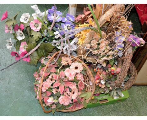 A silk and fabric floral display basket;  others, a large teacup planter etc qty