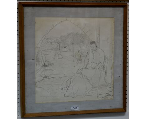 R GrimbleThe Sailmakersigned, dated 1953, pen and ink, 38cm x 37cm