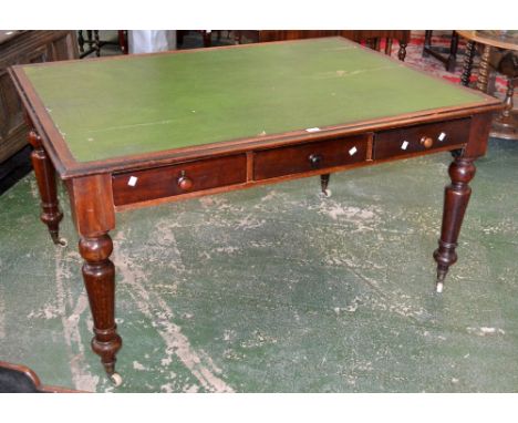 A Victorian mahogany library table, moulded top, three short drawers to frieze, similar to verso, button handles, turned legs