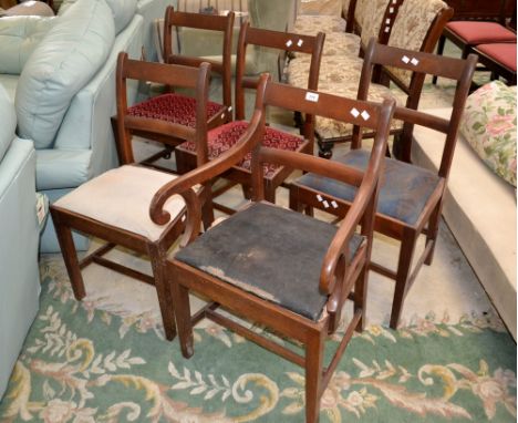 A Regency mahogany commode chair; four Regency mahogany dining chairs. (5)