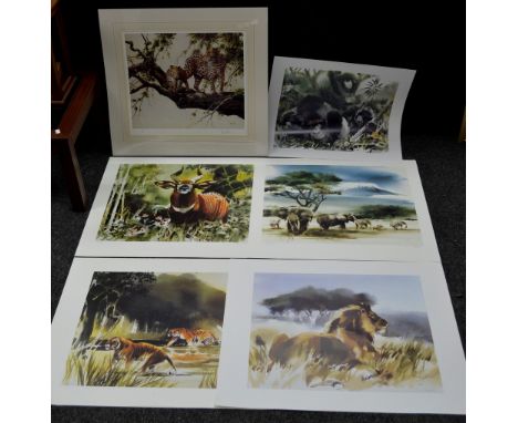A collection of wildlife prints; Spencer Hodge, after, Leopard with her cub, limited edition giclee print, signed, numbered 2