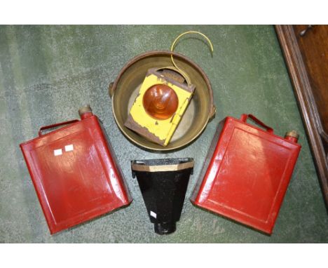 Two vintage petroleum spirit cans, painted red; a Victorian gutter hopper; a railway lamp; and a brass jam pan (5)