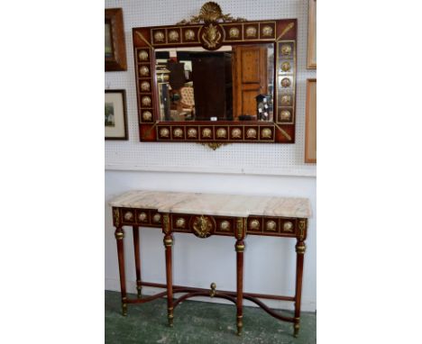 A Louis XVI revival breakfront console table, marble top, central drawer to frieze, fluted tapering supports, serpentine stre