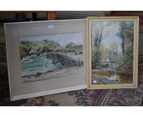 R DearnFishing by the Old Millsigned, watercolour, 50cm x 34cm; another, Jessy Derbyshire, Mullion Cove, signed, watercolour,