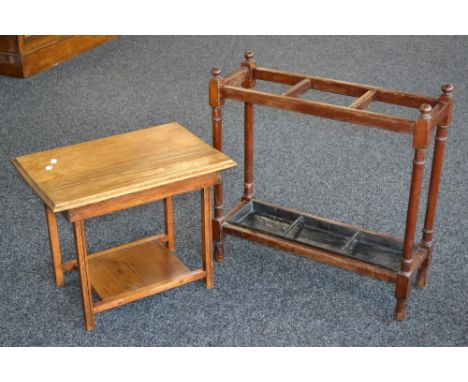 An oak stick stand circa 1940; an oak occasional table. (2)