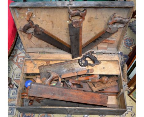 Carpenter's toolbox containing tools including Disston saws; Sorby brass backed tenon saw; Stevenson Mawood & Co brass backed
