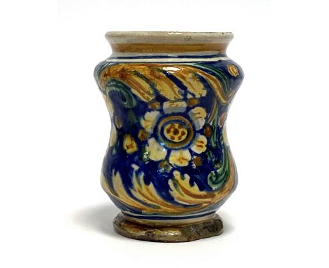 Albarello Venedig, um 1560. Apothekengefäß Majolika, mittig eingezogenes Corpus mit abgesetztem, leicht ausgestelltem Mündung
