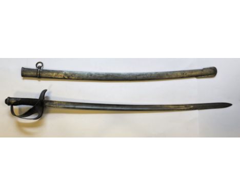 Säbel mit leicht gekrümmter, beidseitig gekehlter Klinge und asymmetrischem, durchbrochenem Eisenkorb, dieser mit Schlitz für