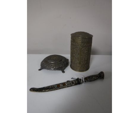 An Eastern brass enamelled dagger in sheath together with an embossed lidded brass jar and a circular pot of similar decorati