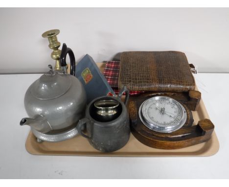 A tray containing an Abbey pewter tea pot on stand, oak horseshoe barometer, cased cutlery, Masonic regalia, brass candlestic