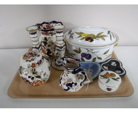 A tray of two Masons Mandolay jugs and a ginger jar, pair of Dresden china candlesticks, Royal Worcester lidded trinket dish 