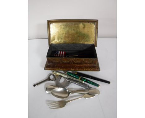 A vintage Crawford's biscuit tin containing pens, vintage keys, silver fork, two spoons, rolled gold tie clip, a Moore & Wrig