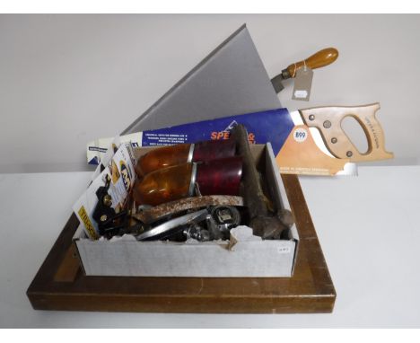 A E.J. Arnold vintage paper guillotine, box of assorted tools, car tail lights and door handles 