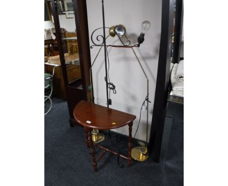 Two floor lamps, wrought iron standard lamp and a d-shaped hall table 