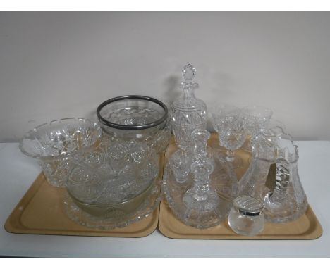 Two trays containing assorted twentieth century cut glass and lead crystal, including trinket tray with candle holders, decan