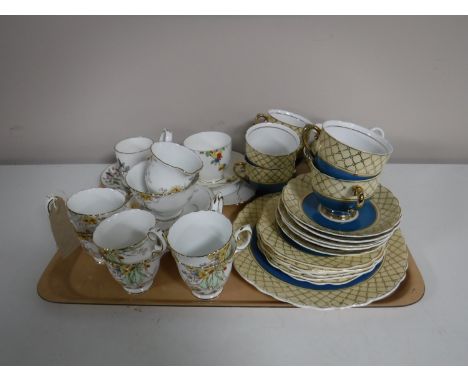 A tray containing a twenty piece Stanley bone china tea service, together with Crown Staffordshire fourteen piece coffee set,