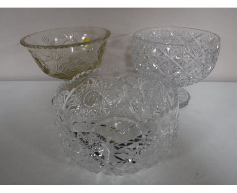 Two lead crystal fruit bowls, together with a cut glass fruit bowl 