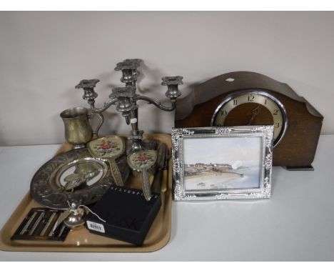 A tray of 20th century plated ware including candelabra, cutlery, M.P. Handy Guide for knitting and crochet, a boxed Dansk pl