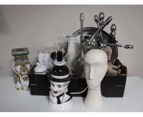 A box containing an enamelled jug and basin, juicers, nodding dog figure, together with two boxes of incense sticks, china el