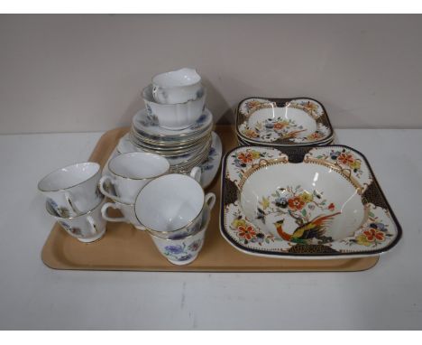 A tray containing a twenty one piece Windsor Corn Flower tea service, together with a seven piece Woods Burslem dessert set 