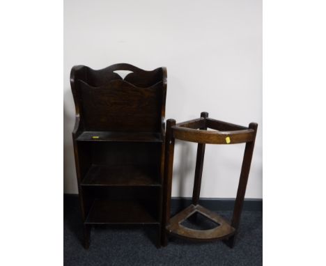 An oak magazine bookshelf and an oak corner stick stand 