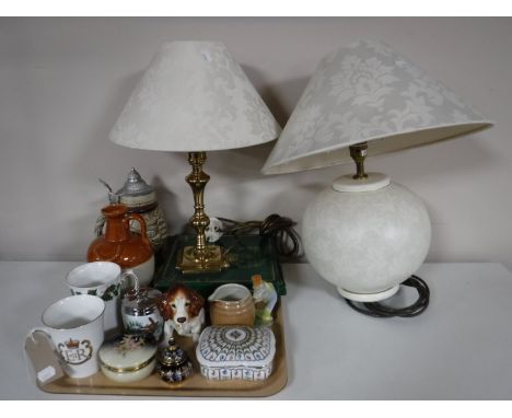 Three table lamps and shades, boxed Royal Grafton plates, beer stein, trinket dishes, Worcester egg coddler etc 