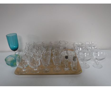 A tray of assorted glass ware including lead crystal brandy glasses, lidded powder bowl, etc 