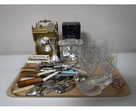 A tray of boxed Stuart Crystal vase, six Webb Crystal tumblers, a Mats Jonasson glass paperweight of an elephant, assorted cu