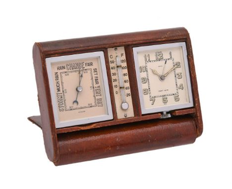 A SWISS LEATHER-CASED TRAVELLING ALARM TIMEPIECE COMPENDIUM WITH BAROMETER AND THERMOMETER LECOULTRE, GENEVA, CIRCA 1925The c