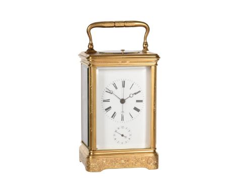 A FRENCH ENGRAVED GILT BRASS CENTRE-SECONDS REPEATING ALARM CARRIAGE CLOCK WITH DECORATED PLATFORMJAPY FRERES, PARIS, MID 19t