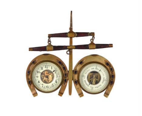 A FRENCH GILT BRASS NOVELTY DESK TIMEPIECE AND BAROMETER COMPENDIUMUNSIGNED, CIRCA 1900The circular eight-day back-wound move