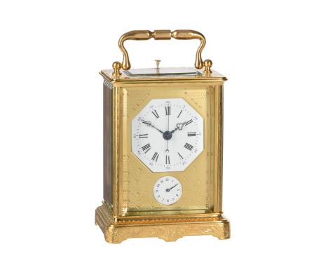 A SWISS ENGRAVED GILT BRASS CENTRE-SECONDS REPEATING ALARM CARRIAGE CLOCK UNSIGNED, MID 19th CENTURYThe rectangular eight-day