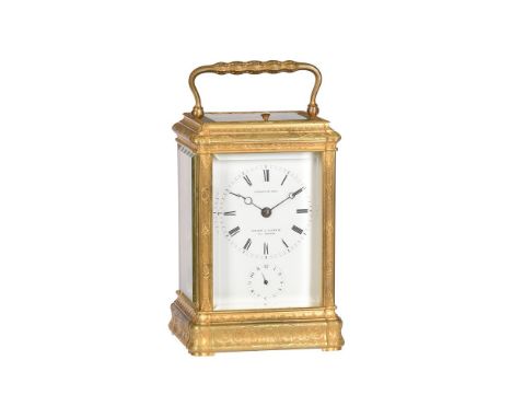 A FRENCH ENGRAVED GILT BRASS GORGE CASED CARRIAGE CLOCK WITH PUSH-BUTTON REPEAT AND ALARMPONS, PARIS FOR RETAIL BY WILSON & G