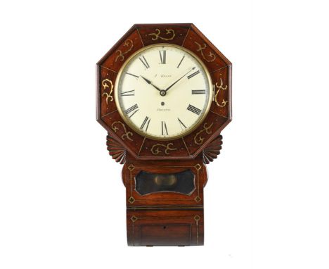 Y A VICTORIAN BRASS INLAID ROSEWOOD DROP-DIAL FUSEE WALL TIMEPIECEJ. KELLY, BRISTOL, MID 19th CENTURYThe four pillar single f