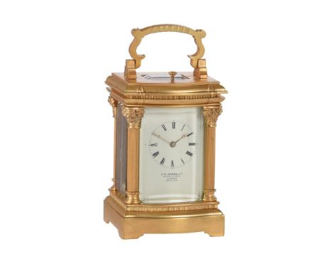 A FINE SWISS GILT BRASS MINUTE-REPEATING MINIATURE CARRIAGE TIMEPIECERETAILED BY J.W. BENSON LIMITED, LONDON, CIRCA 1900The r