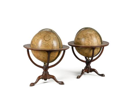 A RARE PAIR OF GEORGE III FIFTEEN-INCH LIBRARY TABLE GLOBESSOLD BY WATKINS AND SMITH, THE TERRESTRIAL DRAWN BY LEONARD CUSHEE