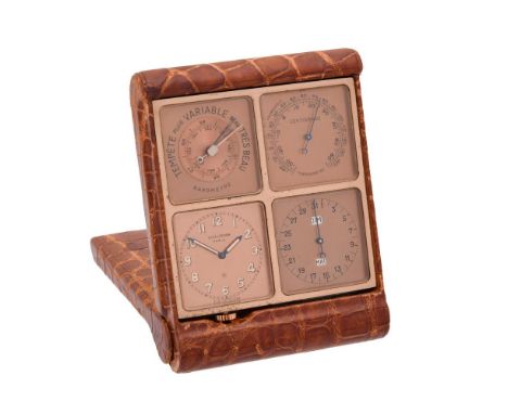 Y A SWISS TRAVELLING ALARM TIMEPIECE COMPENDIUM WITH BAROMETER, CALENDAR AND THERMOMETER RETAILED BY GUILLERMIN, PARIS, CIRCA