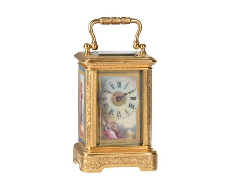 A FINE FRENCH ENGRAVED GILT BRASS PORCELAIN PANEL INSET MINIATURE CARRIAGE TIMEPIECE UNSIGNED, PARIS, CIRCA 1880The rectangul