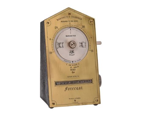 A BRASS DESK WEATHER FORECASTING CALCULATORNEGRETTI AND ZAMBRA, LONDON, EARLY 20th CENTURYThe gabled plate with central circu