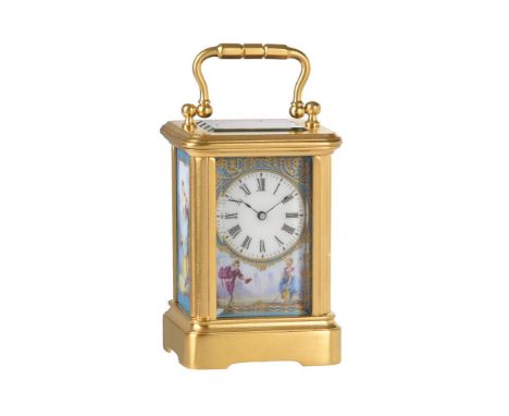 A FINE FRENCH GILT BRASS PORCELAIN PANEL INSET MINIATURE CARRIAGE TIMEPIECE UNSIGNED, PARIS, CIRCA 1880The rectangular eight-